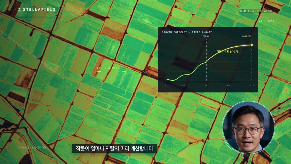 위성 사진 위에 생육 예측 그래프가 그려지는 장면